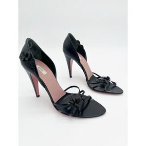 Prada Vintage Black Leather Floral Applique D'Orsay Strap Heel Sandals IT 41